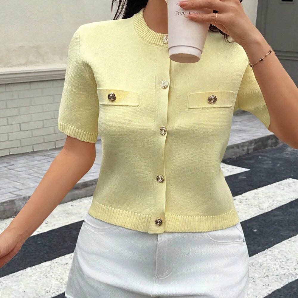 Yellow Casual Women's Minimalist Versatile Short Sleeve Knit Top - Picture 2 of 11